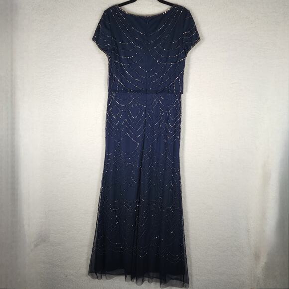 Adrianna Papell Formal Gold Beaded Navy Gown Classic Sz 4 - Picture 4 of 11